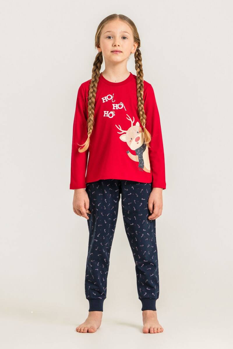 Rolypoly Ho Ho Ho Deer Anne Kız %100 Pamuk Kırmızı Uzun Kol Pijama Takım RP3934-A-V1 - 2