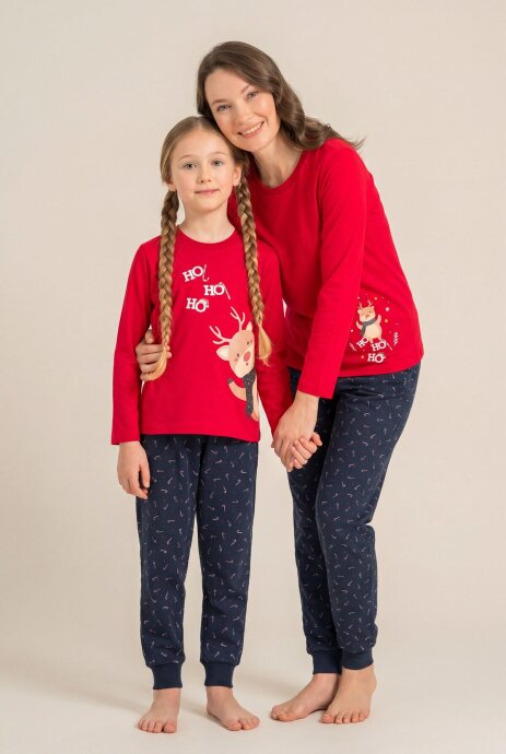 Rolypoly Ho Ho Ho Deer Anne Kız %100 Pamuk Kırmızı Uzun Kol Pijama Takım RP3934-A-V1