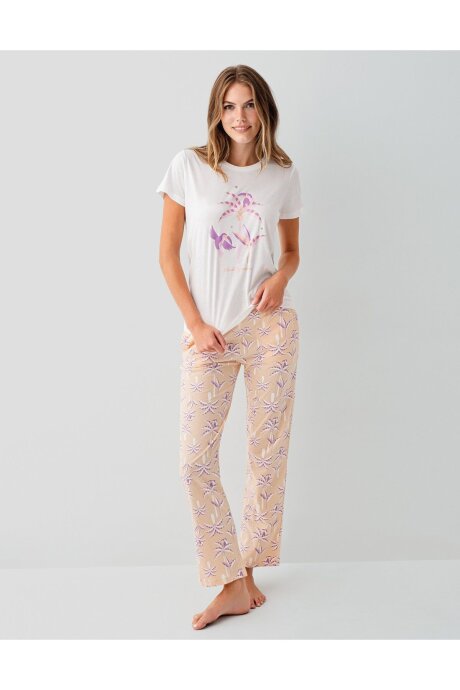 Rolypoly Kadın Bisiklet Yaka Baskılı Yazlık Regular Fit Beyaz Pijama Takımı RP3811-S-V1 (1)