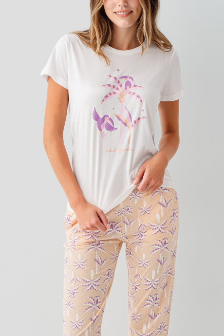 Rolypoly Kadın Bisiklet Yaka Baskılı Yazlık Regular Fit Beyaz Pijama Takımı RP3811-S-V1 - 3