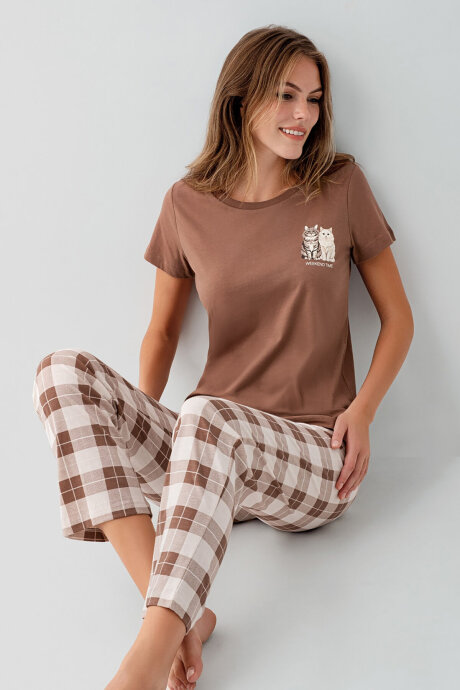 Rolypoly Kadın Bisiklet Yaka Baskılı Yazlık Regular Fit Kahverengi Pijama Takımı RP3808-S-V1