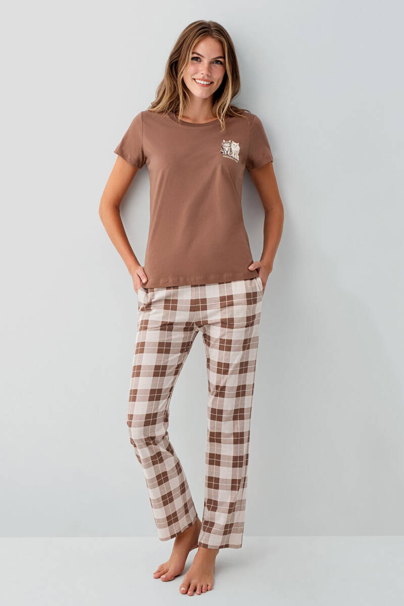 Rolypoly Kadın Bisiklet Yaka Baskılı Yazlık Regular Fit Kahverengi Pijama Takımı RP3808-S-V1 - 2
