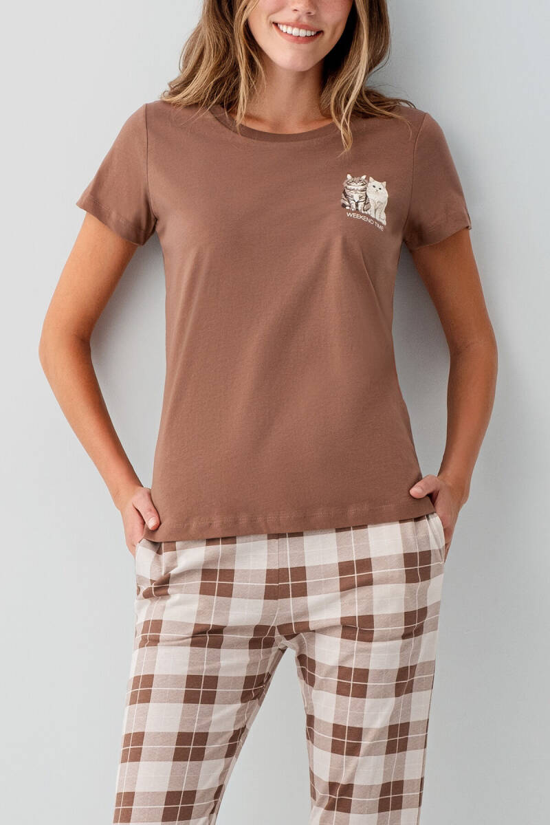 Rolypoly Kadın Bisiklet Yaka Baskılı Yazlık Regular Fit Kahverengi Pijama Takımı RP3808-S-V1 - 3
