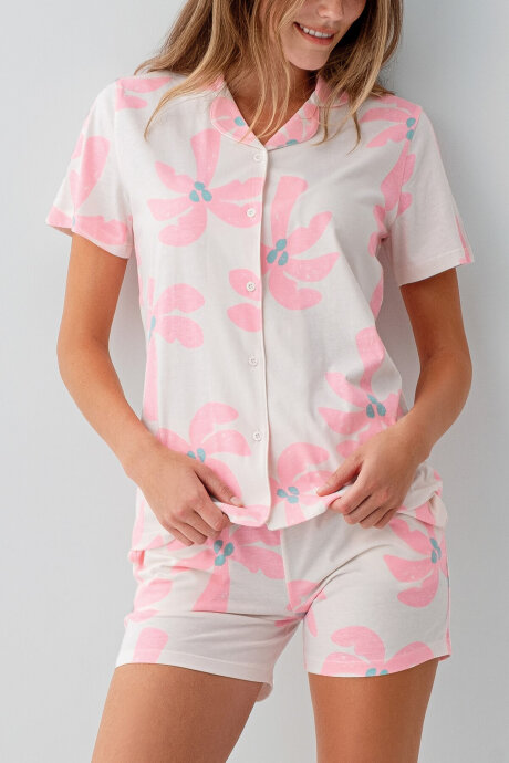 Rolypoly Kadın %100 Pamuk Gömlek Yaka Baskılı Yazlık Regular Fit Krem Şort Takım RP3780-S-V1 - 3