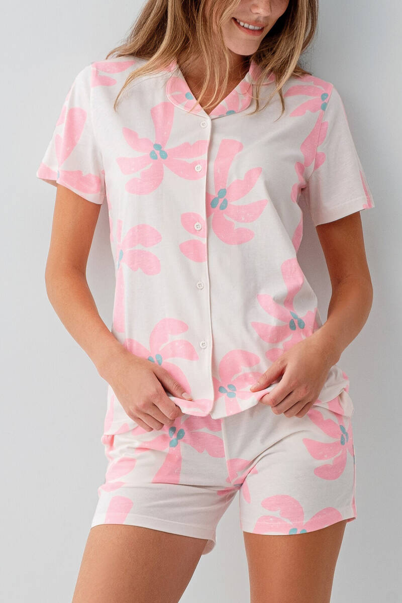 Rolypoly Kadın %100 Pamuk Gömlek Yaka Baskılı Yazlık Regular Fit Krem Şort Takım RP3780-S-V1 - 3