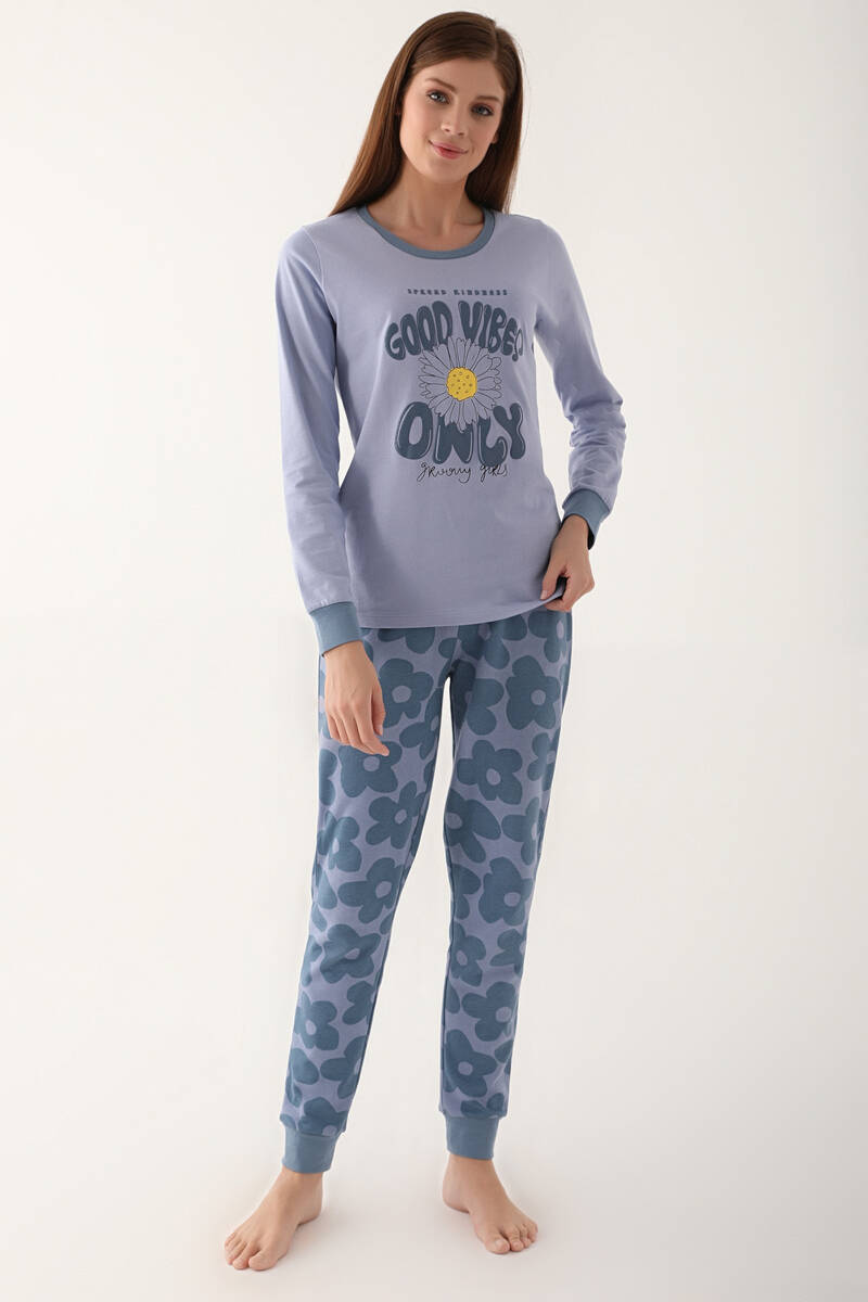 Rolypoly Kadın Mavi Uzun Kol Pijama Takım