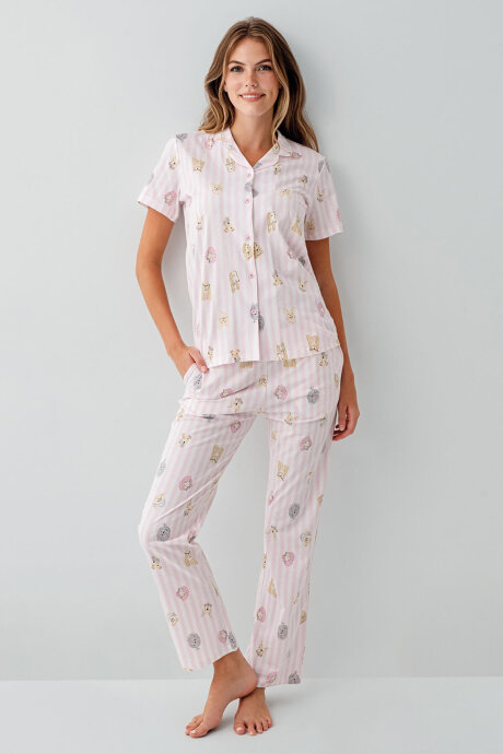 Rolypoly Kadın Gömlek Yaka Baskılı Yazlık Regular Fit Pembe Pijama Takımı RP3809-S-V1 (1)