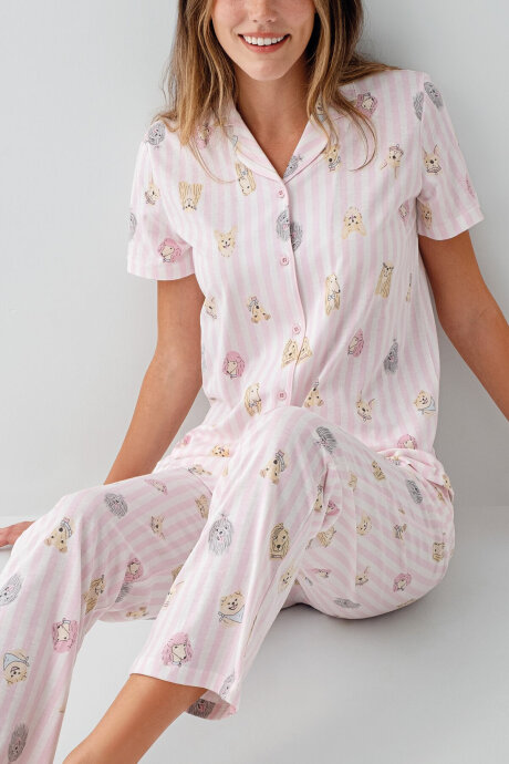 Rolypoly Kadın %100 Pamuk Gömlek Yaka Baskılı Yazlık Regular Fit Pembe Pijama Takımı RP3809-S-V1 - 3