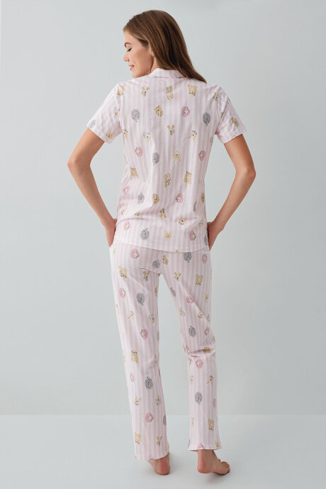 Rolypoly Kadın %100 Pamuk Gömlek Yaka Baskılı Yazlık Regular Fit Pembe Pijama Takımı RP3809-S-V1 - 4