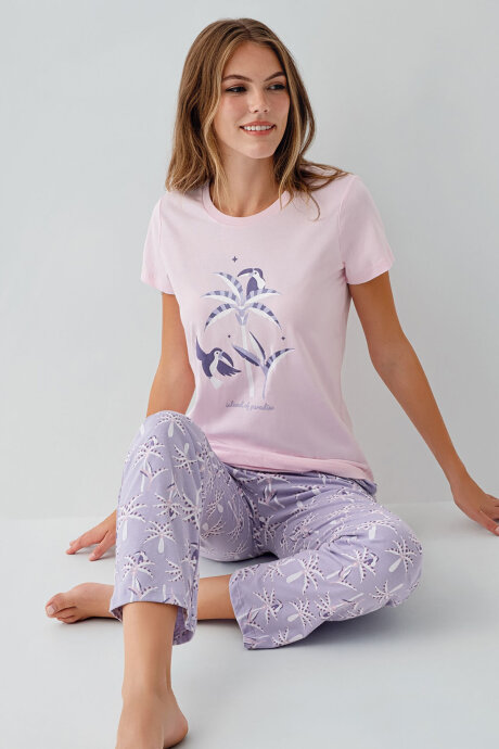 Rolypoly Kadın Bisiklet Yaka Baskılı Yazlık Regular Fit Pembe Pijama Takımı RP3811-S-V2