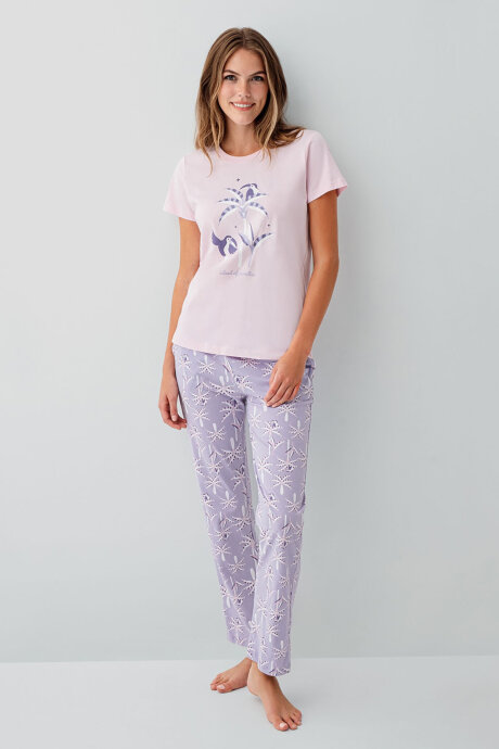 Rolypoly Kadın Bisiklet Yaka Baskılı Yazlık Regular Fit Pembe Pijama Takımı RP3811-S-V2 (1)