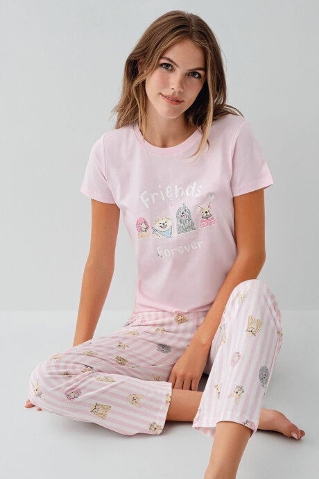 Rolypoly Kadın Bisiklet Yaka Baskılı Yazlık Regular Fit Pembe Pijama Takımı RP3810-S-V1