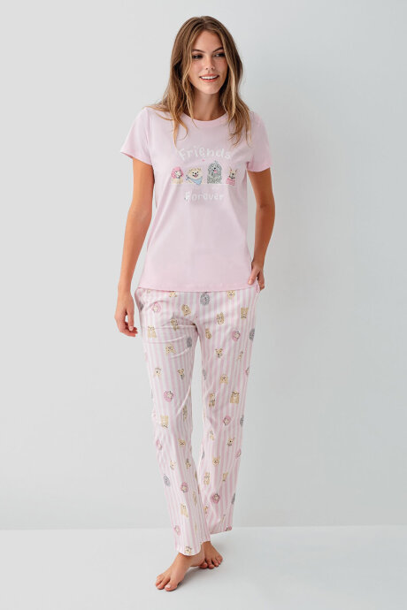 Rolypoly Kadın Bisiklet Yaka Baskılı Yazlık Regular Fit Pembe Pijama Takımı RP3810-S-V1 (1)