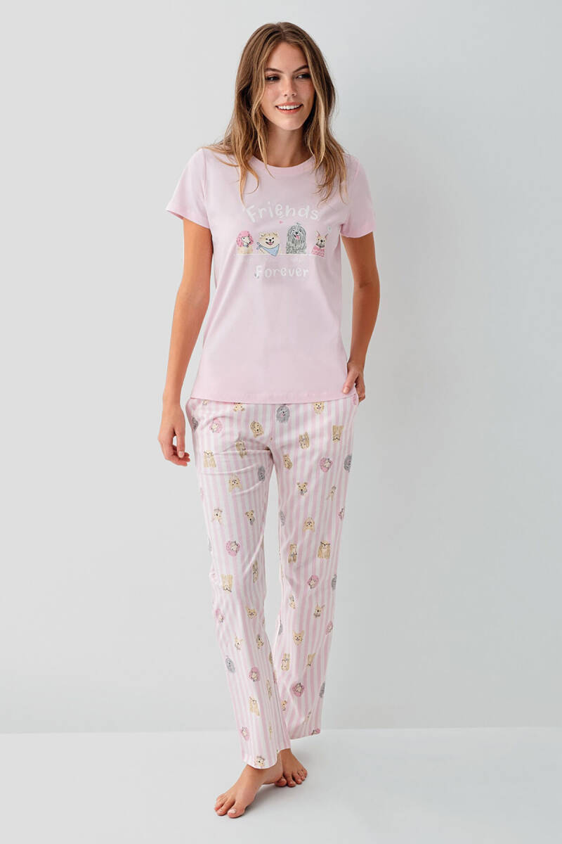 Rolypoly Kadın Bisiklet Yaka Baskılı Yazlık Regular Fit Pembe Pijama Takımı RP3810-S-V1 - 2