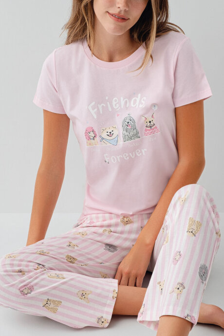 Rolypoly Kadın Bisiklet Yaka Baskılı Yazlık Regular Fit Pembe Pijama Takımı RP3810-S-V1 - 3