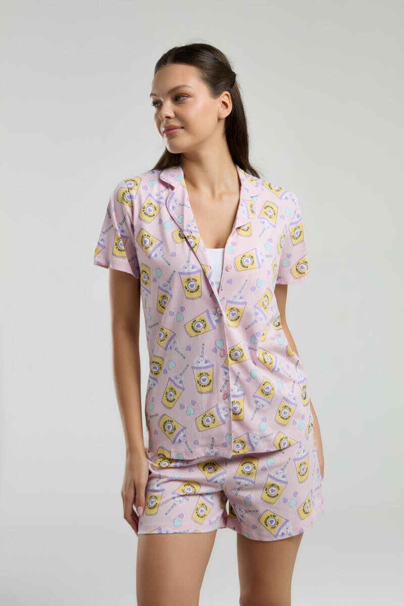 Rolypoly Kadın Pamuklu Gömlek Yaka Empirme Baskılı Yazlık Regular Fit Pembe Şort Takım RP3624-S-V1 - 1