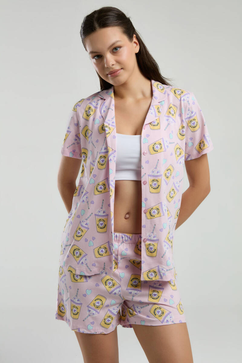 Rolypoly Kadın Pamuklu Gömlek Yaka Empirme Baskılı Yazlık Regular Fit Pembe Şort Takım RP3624-S-V1 - 4