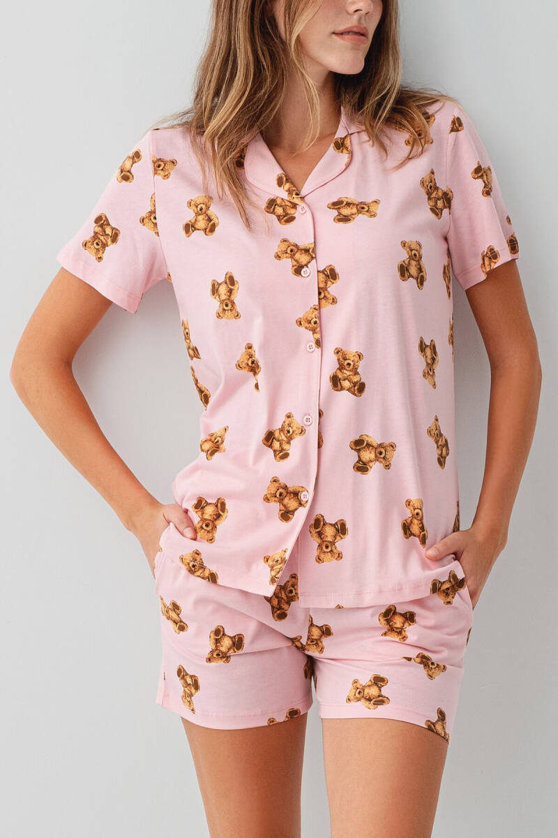 Rolypoly Kadın Gömlek Yaka Baskılı Yazlık Regular Fit Pembe Şort Takım RP3818-S-V2 - 3