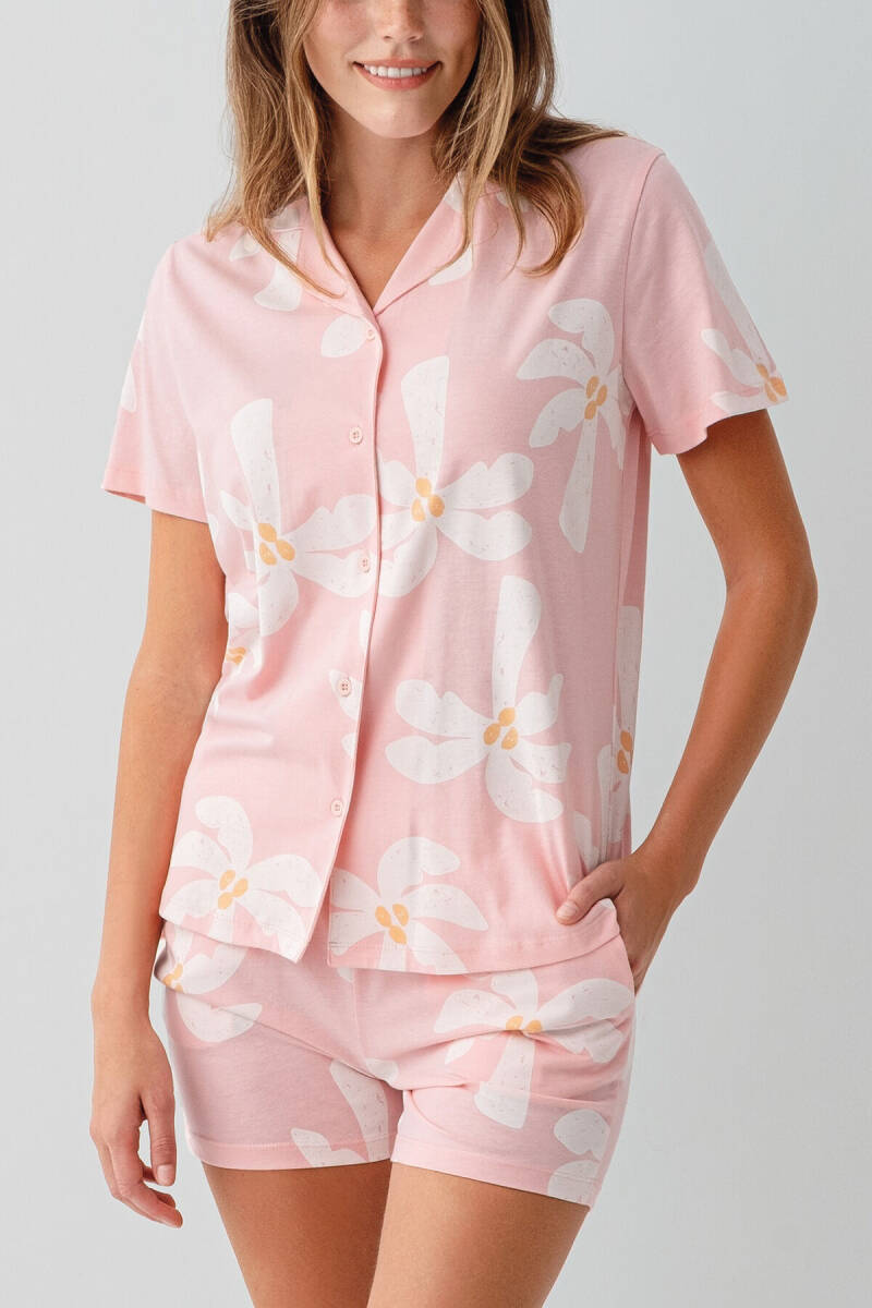 Rolypoly Kadın %100 Pamuk Gömlek Yaka Baskılı Yazlık Regular Fit Pembe Şort Takım RP3780-S-V2 - 3
