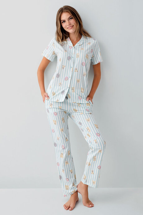 Rolypoly Kadın Gömlek Yaka Baskılı Yazlık Regular Fit Yeşil Pijama Takımı RP3809-S-V2 (1)