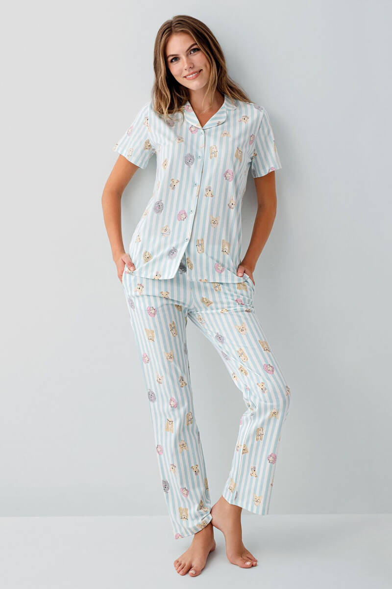 Rolypoly Kadın %100 Pamuk Gömlek Yaka Baskılı Yazlık Regular Fit Yeşil Pijama Takımı RP3809-S-V2 - 2