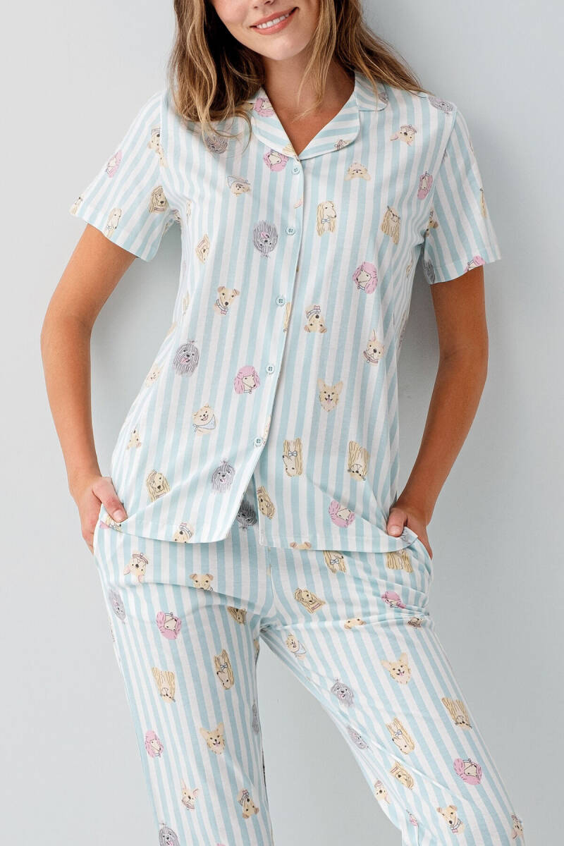 Rolypoly Kadın %100 Pamuk Gömlek Yaka Baskılı Yazlık Regular Fit Yeşil Pijama Takımı RP3809-S-V2 - 3