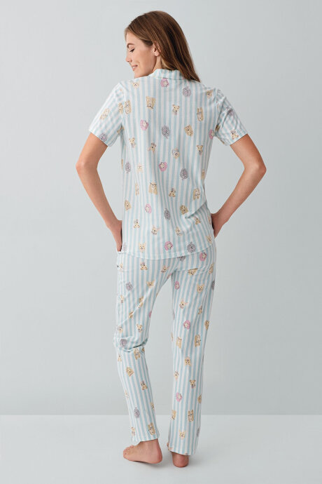 Rolypoly Kadın %100 Pamuk Gömlek Yaka Baskılı Yazlık Regular Fit Yeşil Pijama Takımı RP3809-S-V2 - 4