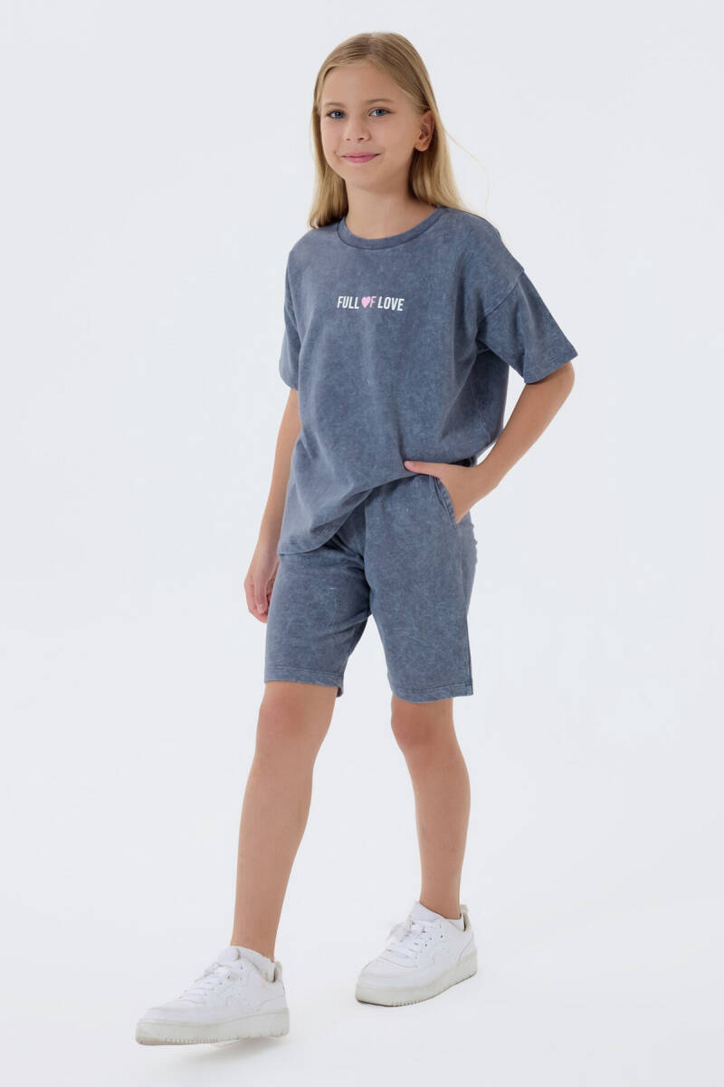 Rolypoly Kız Çocuk %100 Pamuk Bisiklet Yaka Baskılı Yazlık Regular Fit Gri Bermuda Takım RP3802-C-V1 - 3