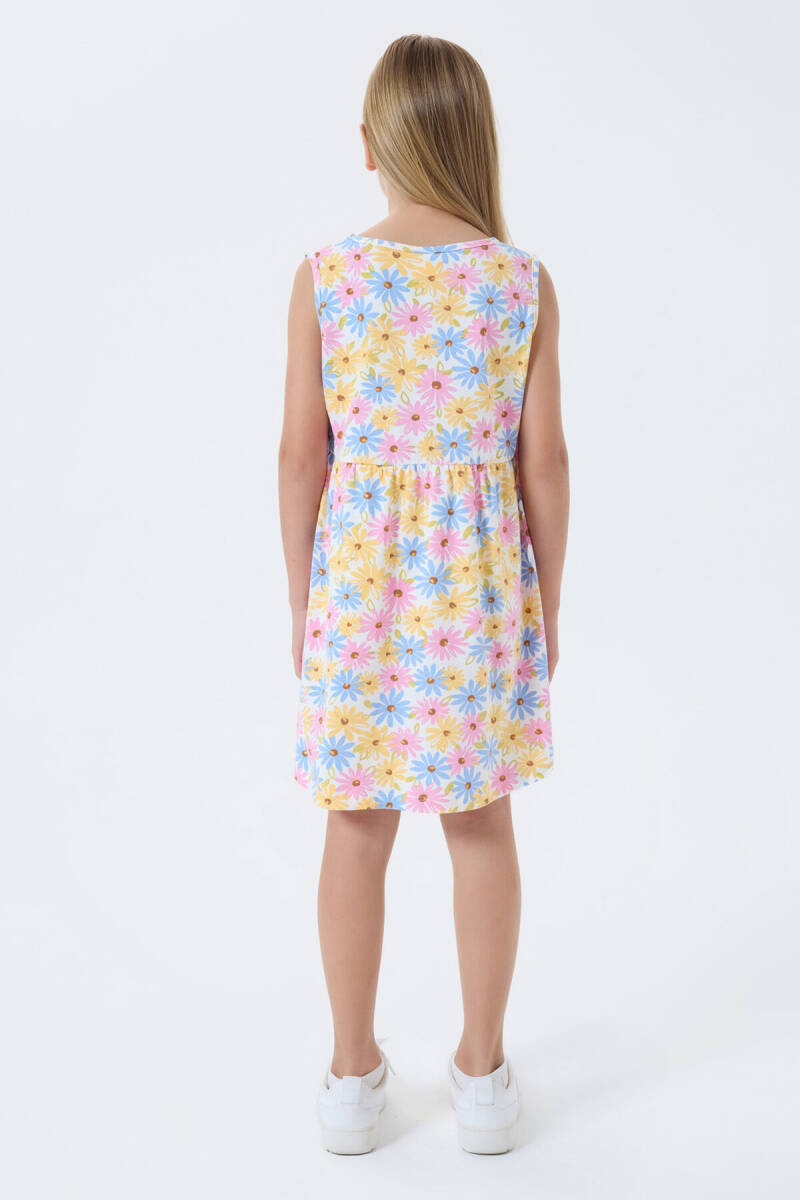 Rolypoly Kız Çocuk %100 Pamuk Bisiklet Yaka Baskılı Yazlık Regular Fit Beyaz Elbise RP3784-C-V1 - 4