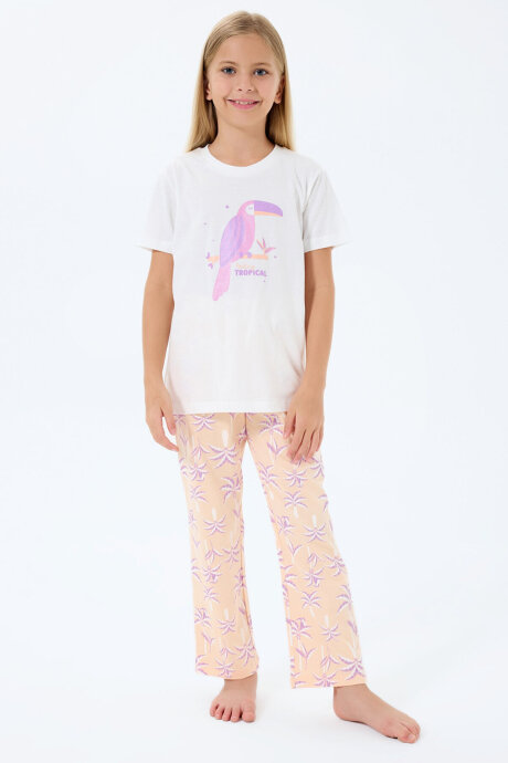 Rolypoly Kız Çocuk Bisiklet Yaka Baskılı Yazlık Regular Fit Beyaz Pijama Takımı RP3811-C-V1