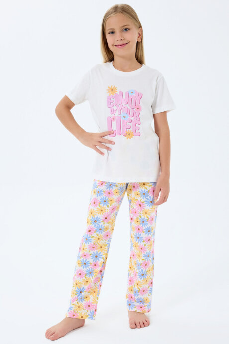 Rolypoly Kız Çocuk Bisiklet Yaka Baskılı Yazlık Regular Fit Beyaz Pijama Takımı RP3782-C-V1