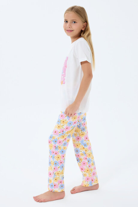 Rolypoly Kız Çocuk Bisiklet Yaka Baskılı Yazlık Regular Fit Beyaz Pijama Takımı RP3782-C-V1 - 5