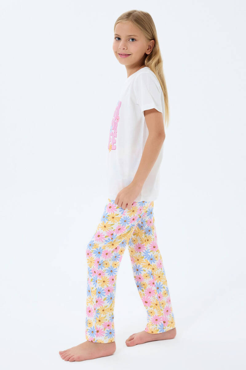 Rolypoly Kız Çocuk Bisiklet Yaka Baskılı Yazlık Regular Fit Beyaz Pijama Takımı RP3782-C-V1 - 5