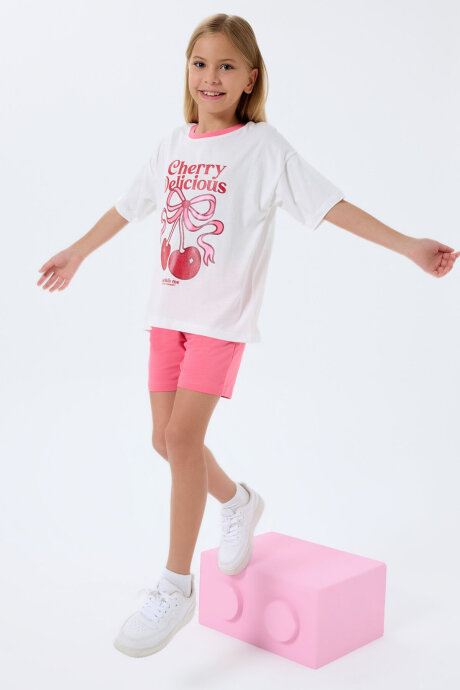 Rolypoly Kız Çocuk Bisiklet Yaka Baskılı Yazlık Regular Fit Beyaz Şort Takım RP3799-C-V2