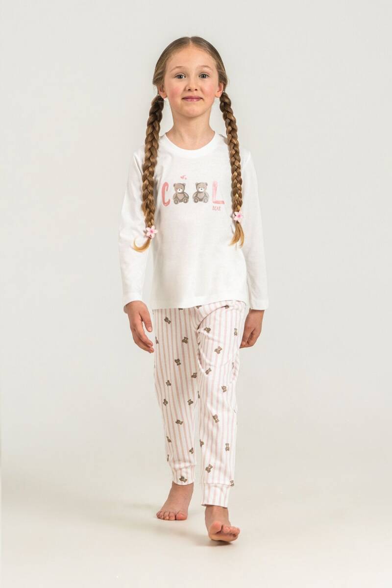 Rolypoly Kız Çocuk %100 Pamuk Cool Bear Beyaz Uzun Kol Pijama Takım RP3912-C-V1 - 7