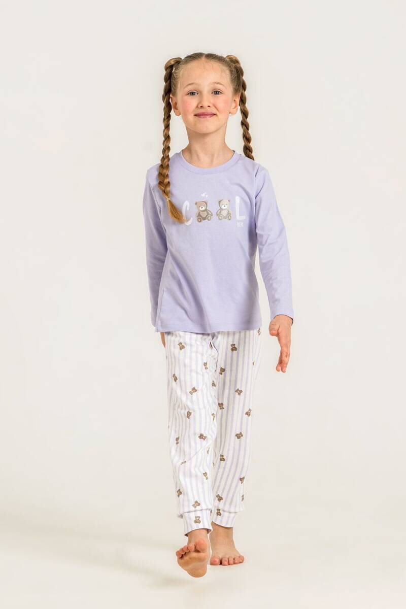 Rolypoly Kız Çocuk %100 Pamuk Cool Bear Mor Uzun Kol Pijama Takım RP3912-C-V2 - 1