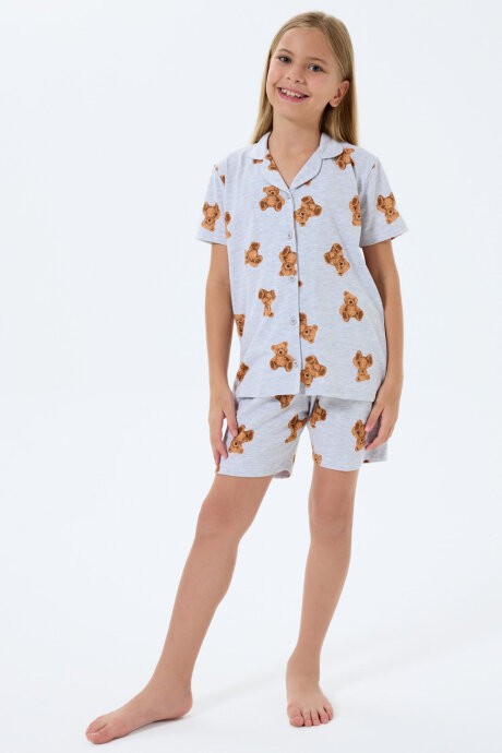 Rolypoly Kız Çocuk Gömlek Yaka Baskılı Yazlık Regular Fit Gri Pijama Takımı RP3818-C-V1 (1)