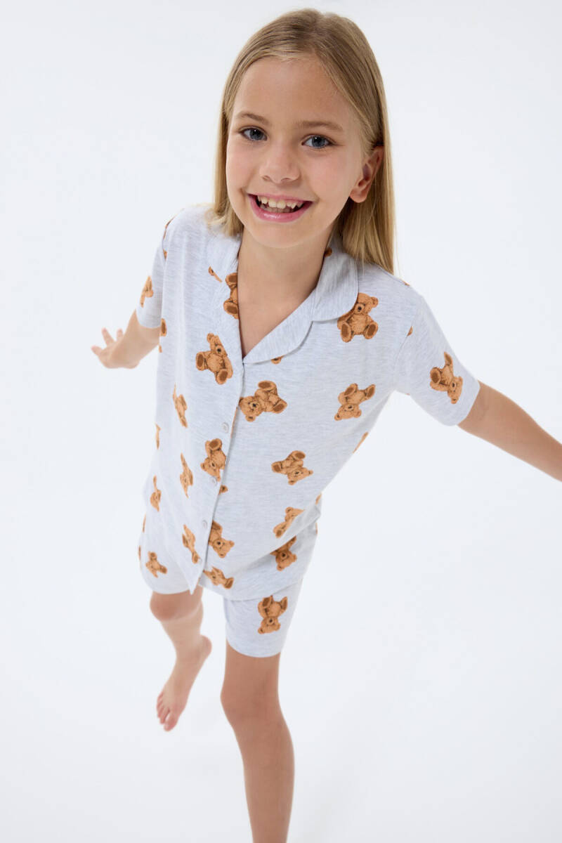 Rolypoly Kız Çocuk Gömlek Yaka Baskılı Yazlık Regular Fit Gri Pijama Takımı RP3818-C-V1 - 3