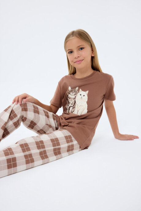 Rolypoly Kız Çocuk Bisiklet Yaka Baskılı Yazlık Regular Fit Kahverengi Pijama Takımı RP3808-C-V1 (1)