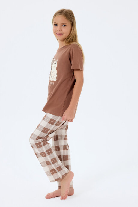 Rolypoly Kız Çocuk Bisiklet Yaka Baskılı Yazlık Regular Fit Kahverengi Pijama Takımı RP3808-C-V1 - 5