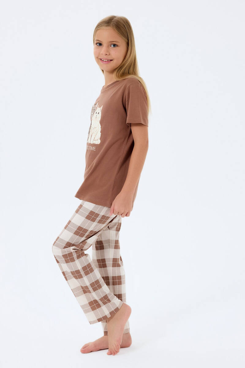 Rolypoly Kız Çocuk Bisiklet Yaka Baskılı Yazlık Regular Fit Kahverengi Pijama Takımı RP3808-C-V1 - 5