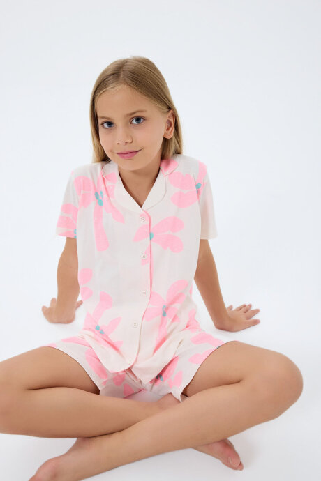 Rolypoly Kız Çocuk Gömlek Yaka Baskılı Yazlık Regular Fit Krem Pijama Takımı RP3780-C-V1 - 1