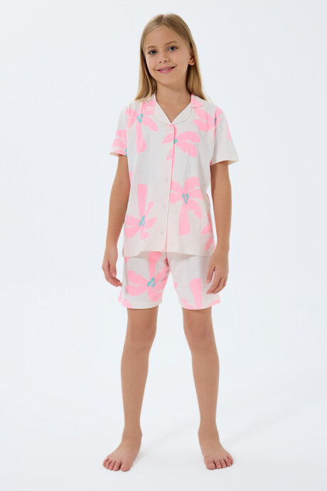 Rolypoly Kız Çocuk Gömlek Yaka Baskılı Yazlık Regular Fit Krem Pijama Takımı RP3780-C-V1 - 2