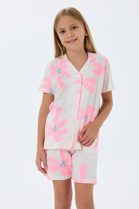 Rolypoly Kız Çocuk Gömlek Yaka Baskılı Yazlık Regular Fit Krem Pijama Takımı RP3780-C-V1 - 3