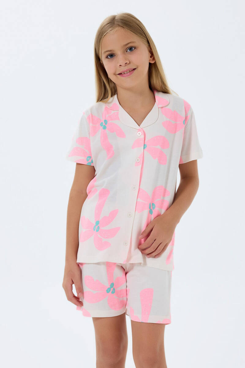 Rolypoly Kız Çocuk Gömlek Yaka Baskılı Yazlık Regular Fit Krem Pijama Takımı RP3780-C-V1 - 3