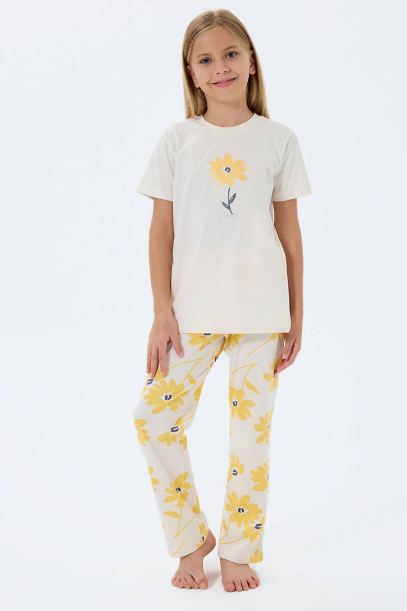 Rolypoly Kız Çocuk Bisiklet Yaka Baskılı Yazlık Regular Fit Krem Pijama Takımı RP3785-C-V1 - 1