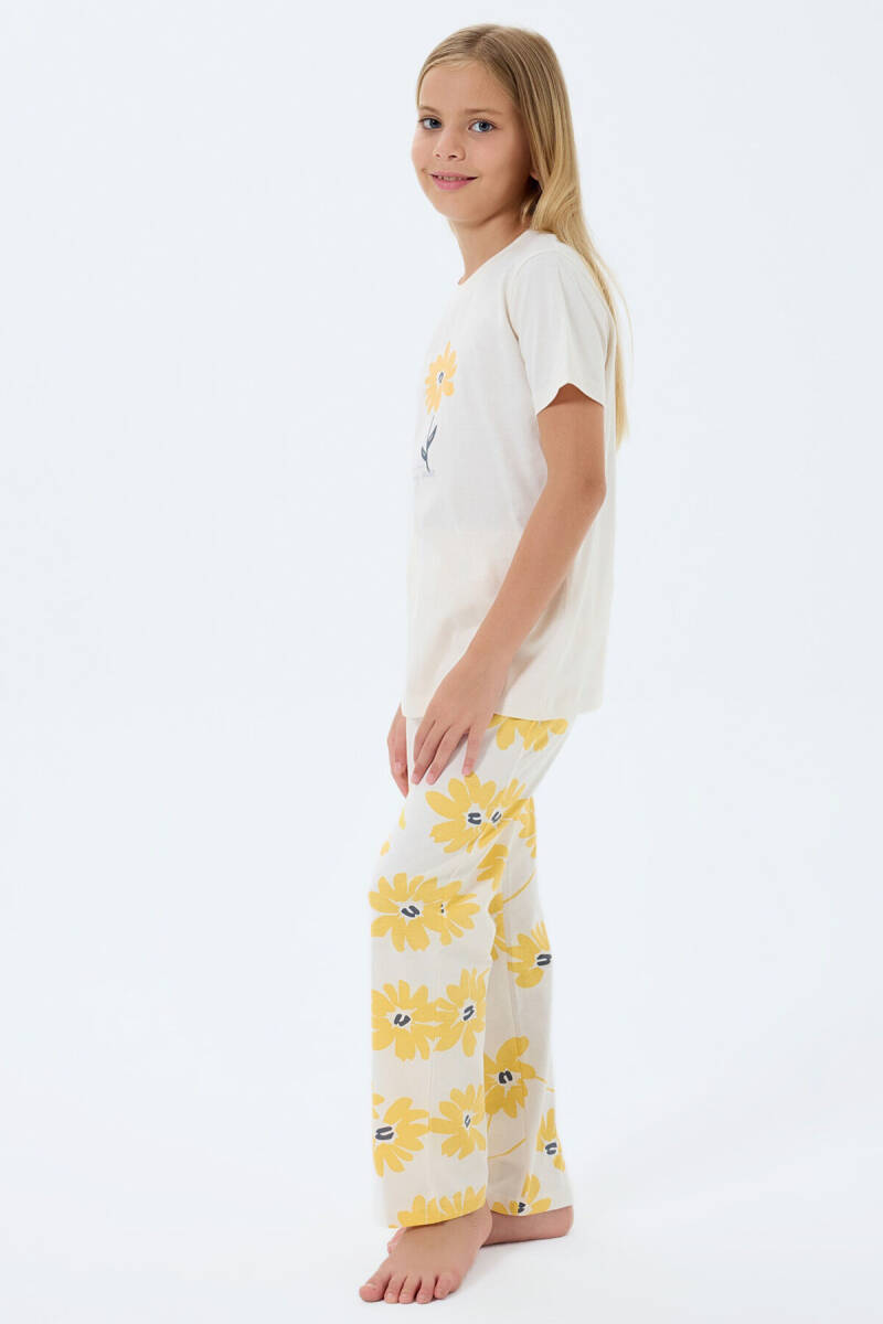 Rolypoly Kız Çocuk Bisiklet Yaka Baskılı Yazlık Regular Fit Krem Pijama Takımı RP3785-C-V1 - 2