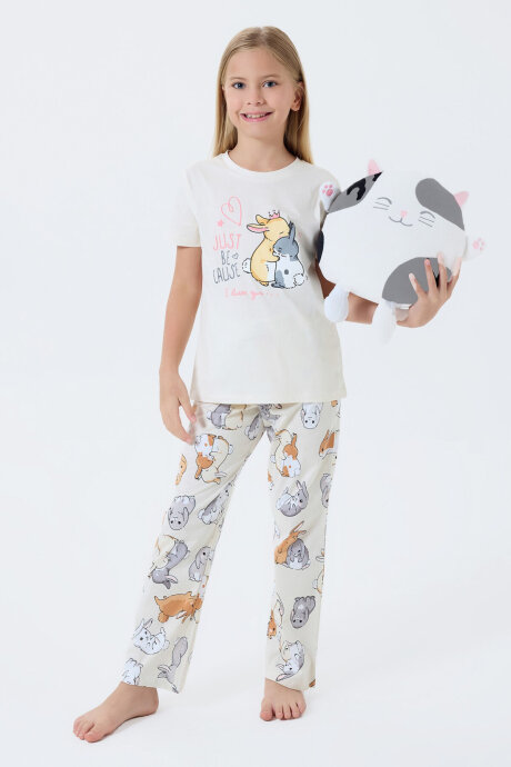 Rolypoly Kız Çocuk Bisiklet Yaka Baskılı Yazlık Regular Fit Krem Pijama Takımı RP3774-C-V1