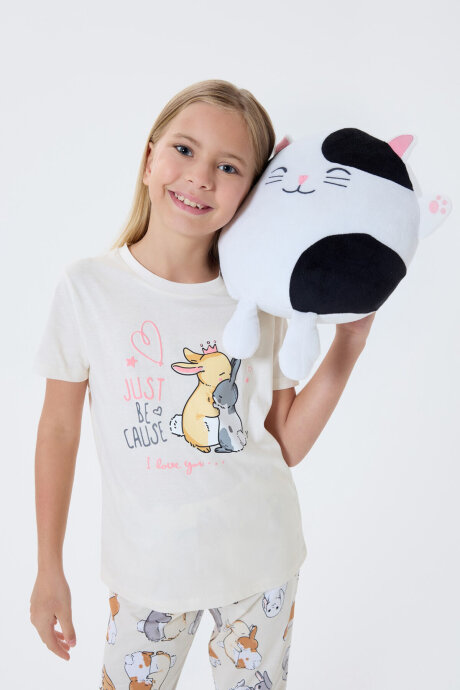 Rolypoly Kız Çocuk Bisiklet Yaka Baskılı Yazlık Regular Fit Krem Pijama Takımı RP3774-C-V1 (1)