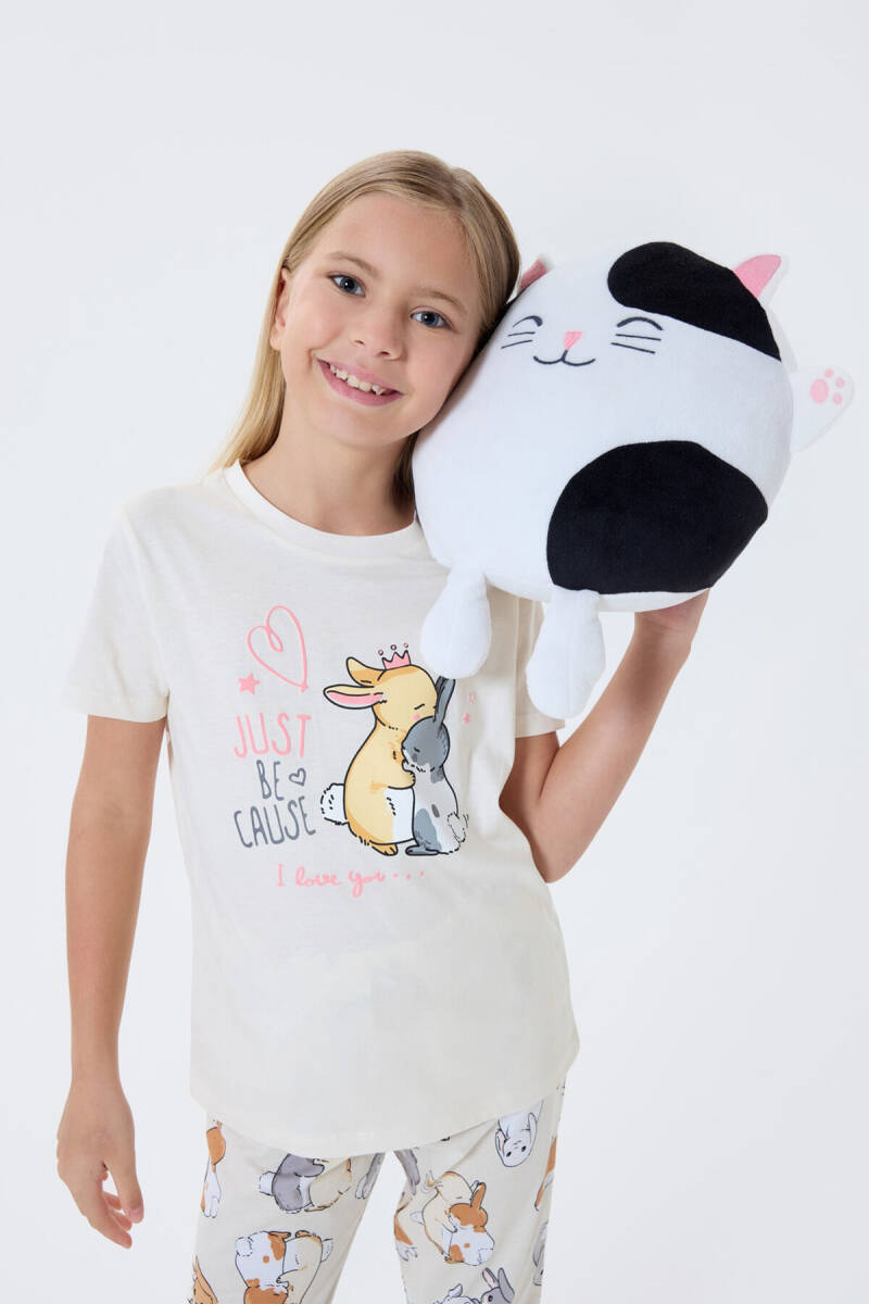 Rolypoly Kız Çocuk Bisiklet Yaka Baskılı Yazlık Regular Fit Krem Pijama Takımı RP3774-C-V1 - 2